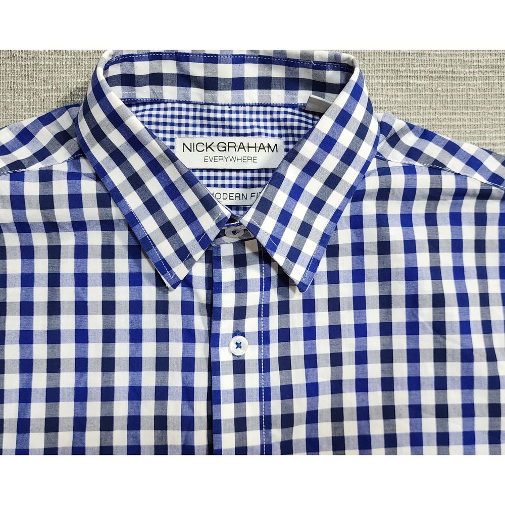 Nick Graham Everywhere Modern Fit Blue White Gingham Check Dress Shirt Mens‎ M